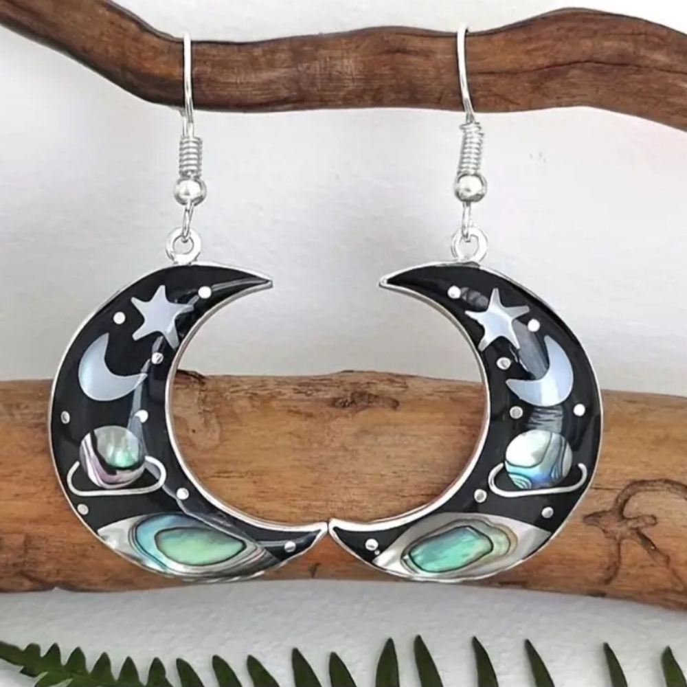NWOT Retro Crescent Moon stars and universe dangling earrings